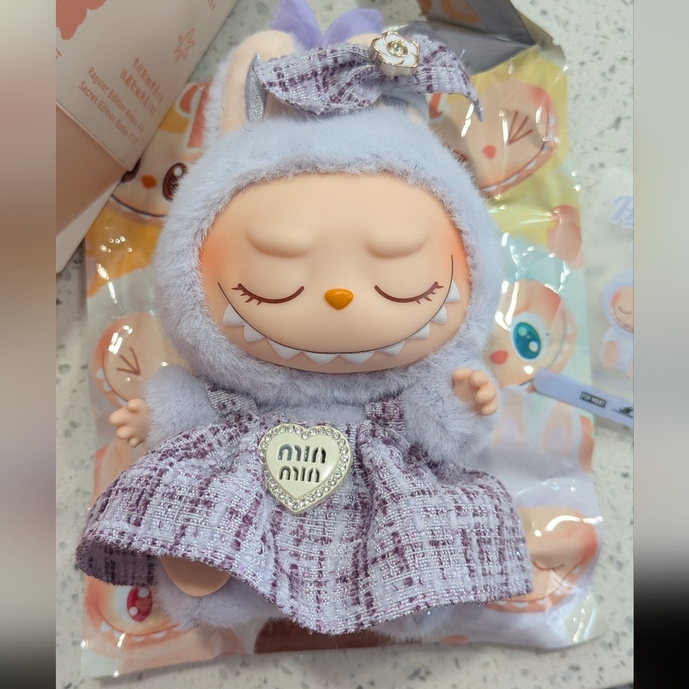 POP MART Labubu Have A Seat Zizi With Purple Dress, Bow, & Flower Plush Pendant